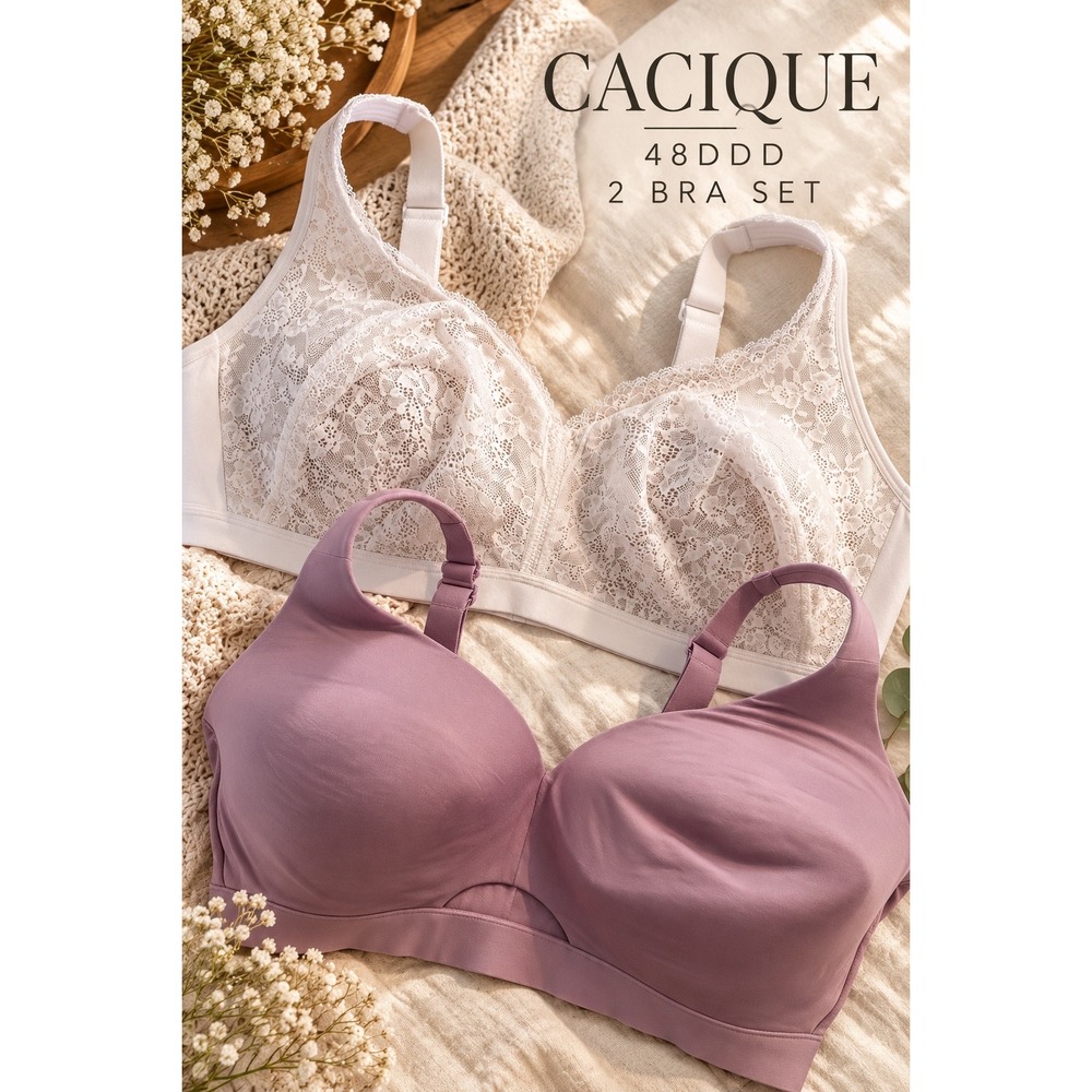 Cacique 48DDD Bra Lot 2 Full Coverage Purple Wireless White Lace Smooth Plus